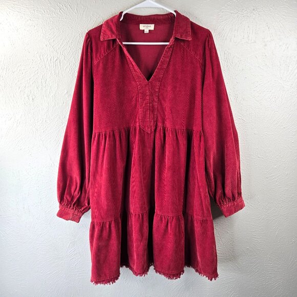 Umgee Dresses & Skirts - Umgee Tiered Dress Lrg Red Corduroy Boho Peasant Western Relaxed Fit Mini Shift